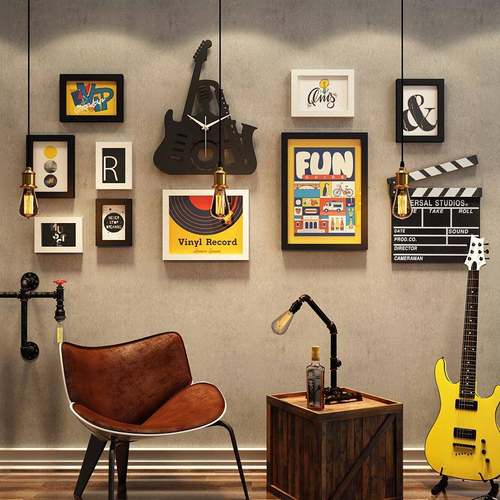 实木_7462_音乐实木照片墙北欧装饰画组合相框摇滚真钟表可换相片