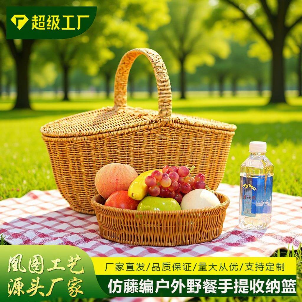 环保PP/pe仿藤手工编织酒店清洁篮新款户外藤编野餐篮子