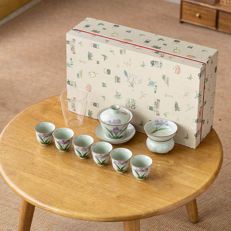 草木灰手绘鸢尾花釉下彩盖碗茶杯茶具套装家用客厅陶瓷茶盘茶具