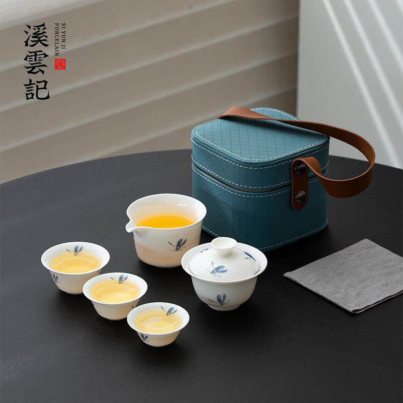 羊脂玉瓷快客杯青花蝴蝶兰薄胎便携式旅行茶具办公出差功夫泡茶器