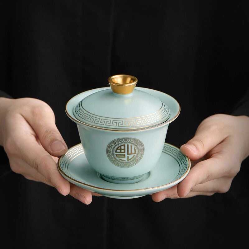 严选三才盖碗汝窑金福陈培明大师茶杯单个家用泡茶碗不烫手