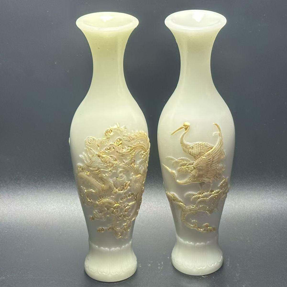 仿古玉龙仙鹤花瓶树脂摆件古玩古董收藏家居装饰工艺品