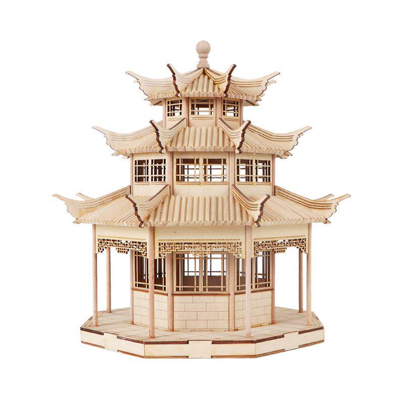 新中式中国风建筑摆件创意木质凉亭屋檐样板房间办公桌软装饰品