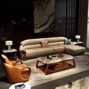 新中式 乌金木真皮转角贵妃沙发现代简约小户型全实木北欧家具组合