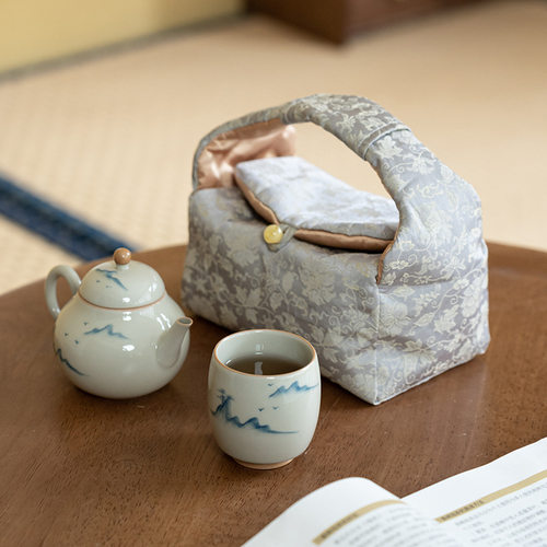 新中式便携旅行茶具一壶一杯收纳袋织锦手提棉茶杯茶壶手绘山松
