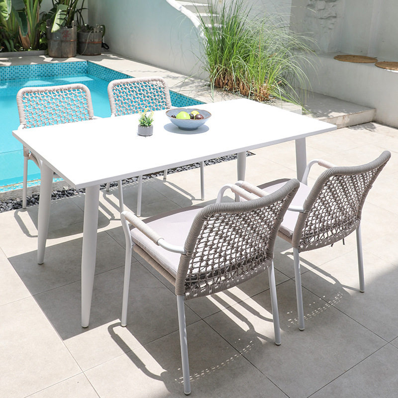 户外桌椅组合白色简约现代阳台绳编椅子室外露天花园藤编休闲桌椅