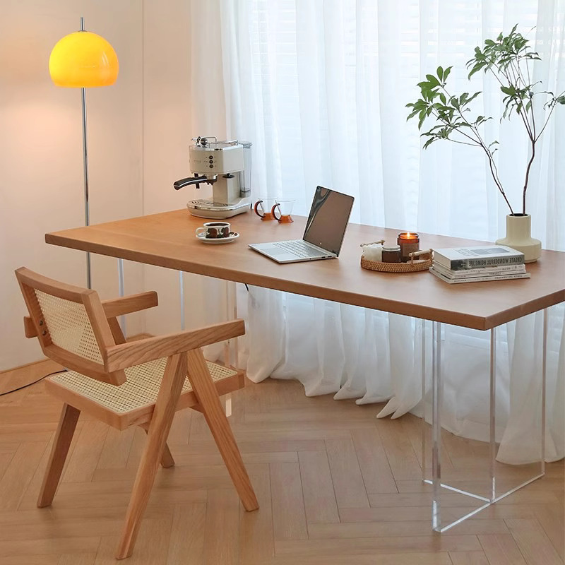 亚克力悬浮餐桌家用简约实木电脑桌办公桌原木客厅长条书桌学新品