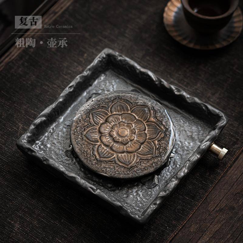 鎏金做旧壶承粗陶干泡台托盘小号储水式复古茶盘茶具茶壶隔热垫