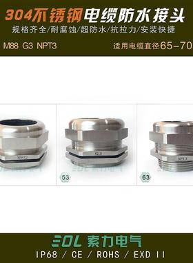 304不锈钢电缆防水防爆接头M88G3NPT3寸电缆65-70格兰头船用GLAND