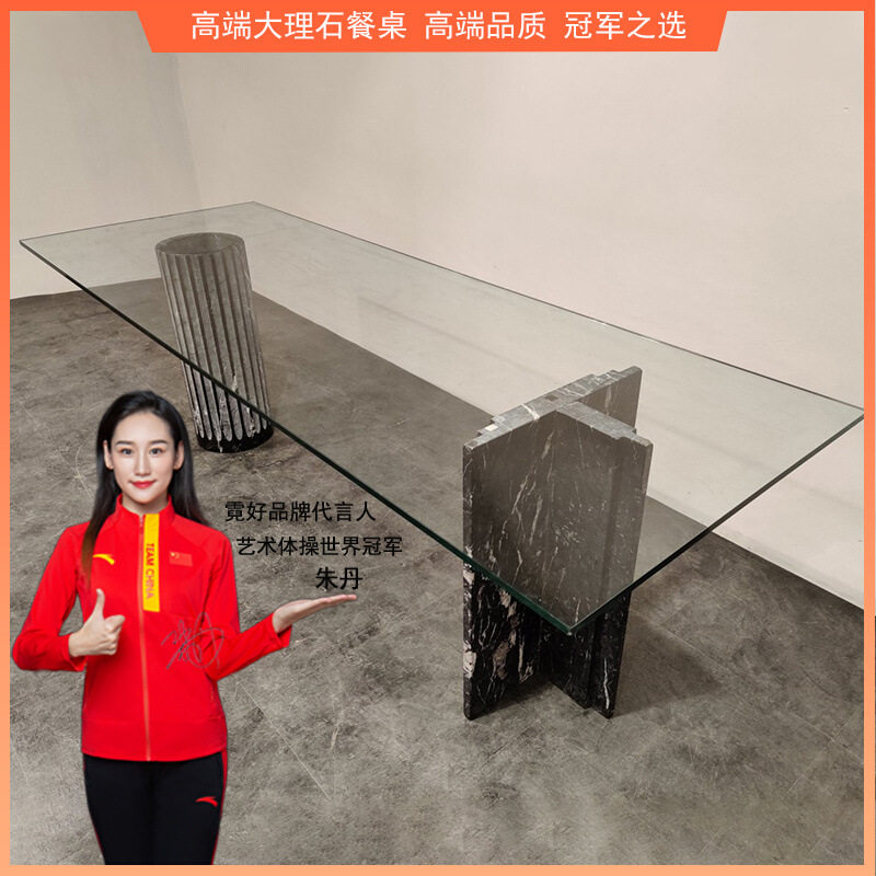 意大利轻奢天然大理石餐桌酒店餐厅洽谈桌长方形钢化玻璃饭桌北欧
