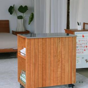 实木移动岛台厨房小推车吧台茶水柜樱桃木中岛台收纳餐边柜