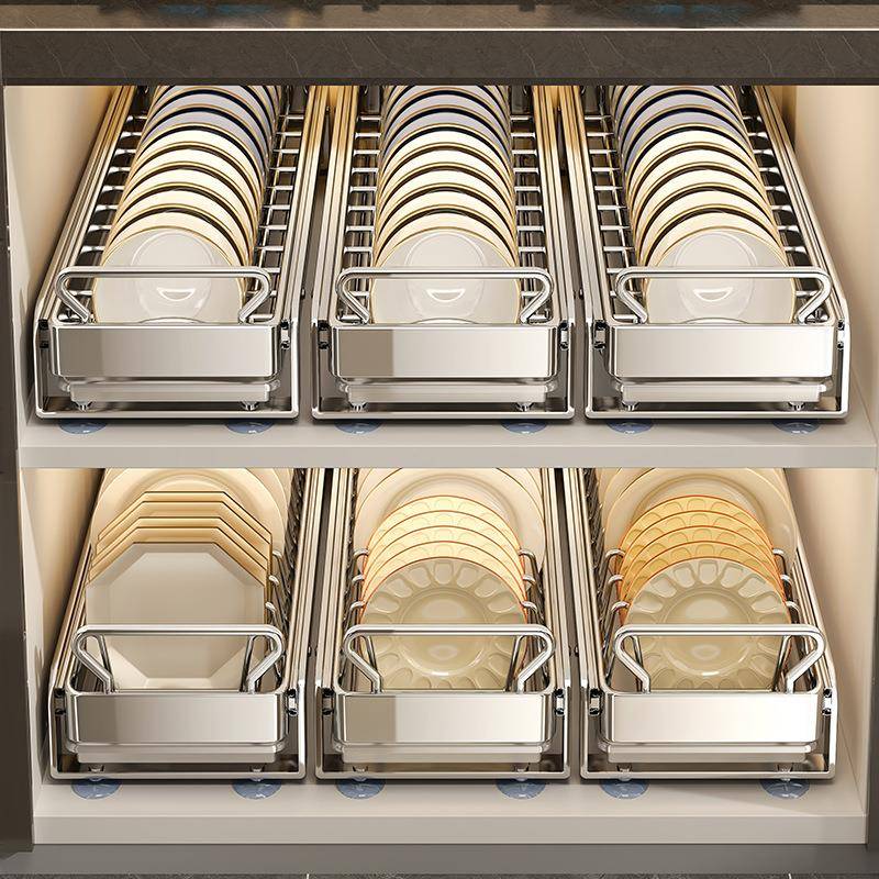 免打孔厨房抽拉碗碟收纳架橱柜碗架拉篮抽屉式碗盘盘子沥水置物架