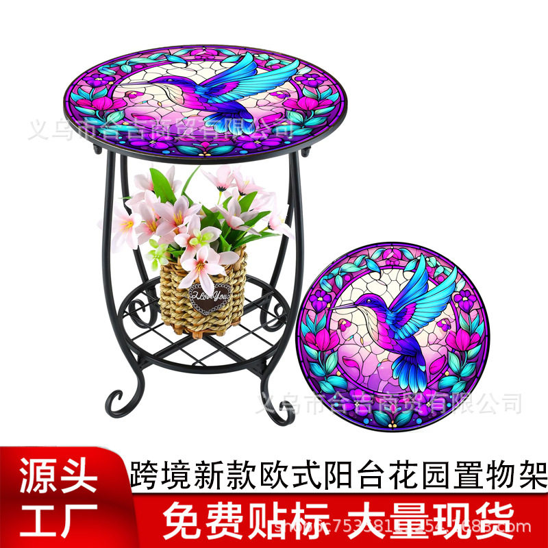 跨境新款欧式创意小鸟蝴蝶圆形马赛克铁艺桌子室外阳台花园置物架