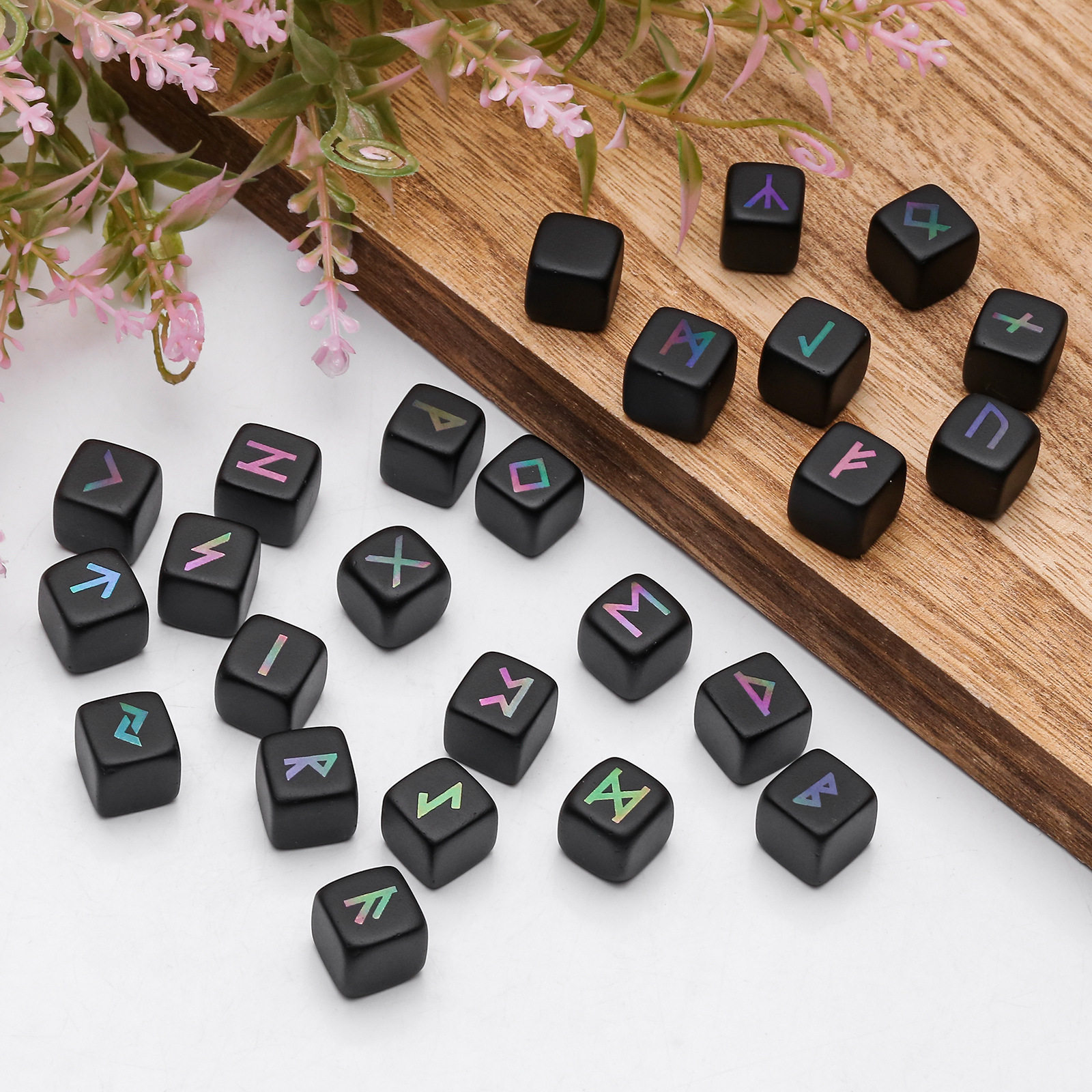磨砂黑曜石电镀雕刻卢恩石如尼石25粒组合不规则水晶能量石Runes