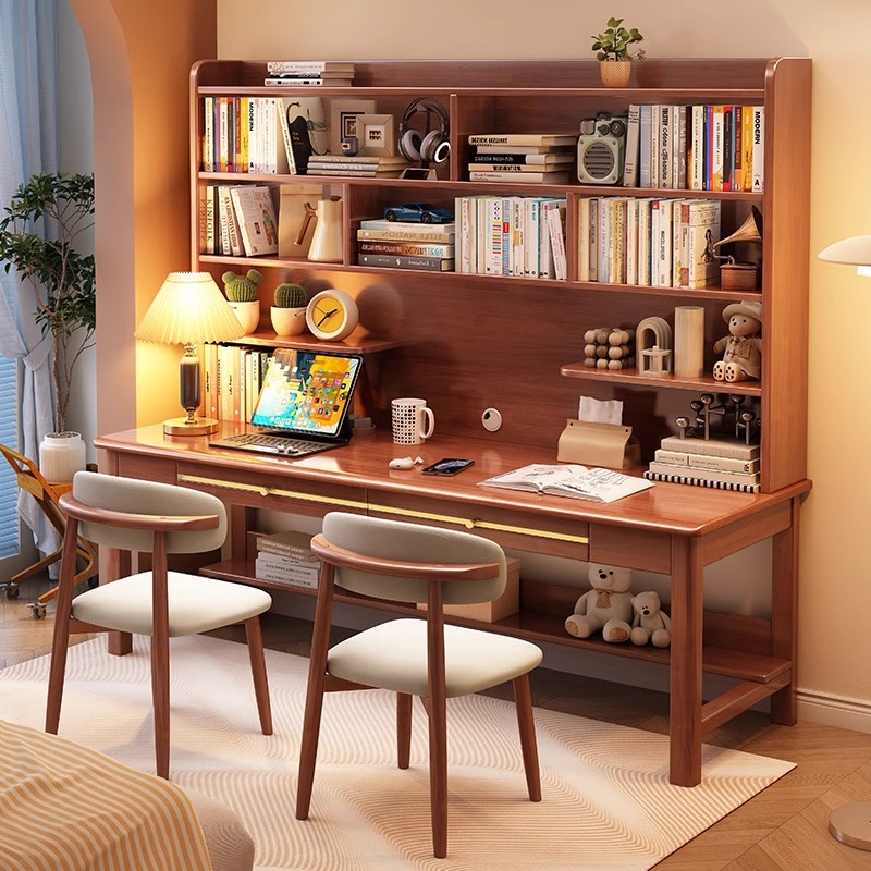 实木双人书桌书架一体桌学生家用大长学习桌并排写字桌靠墙电脑桌