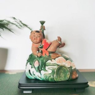 石湾陶瓷连生贵子工艺摆件招财中式家居喜庆二胎装饰品莲藕童子