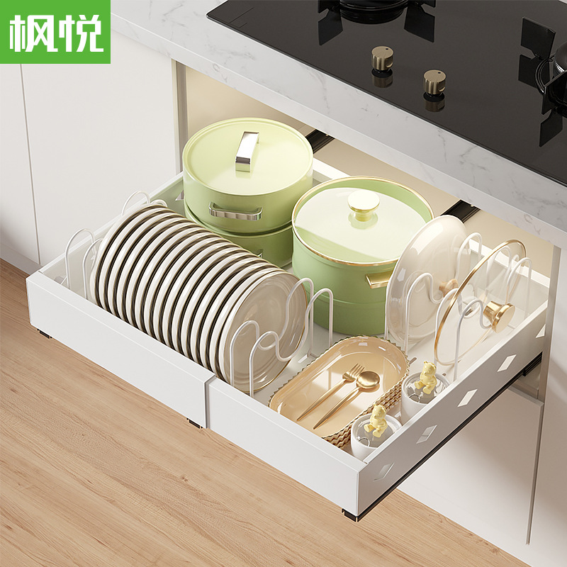 厨房免打孔静音滑轨收纳架可伸缩橱柜内置拉篮抽拉式碗架沥水架