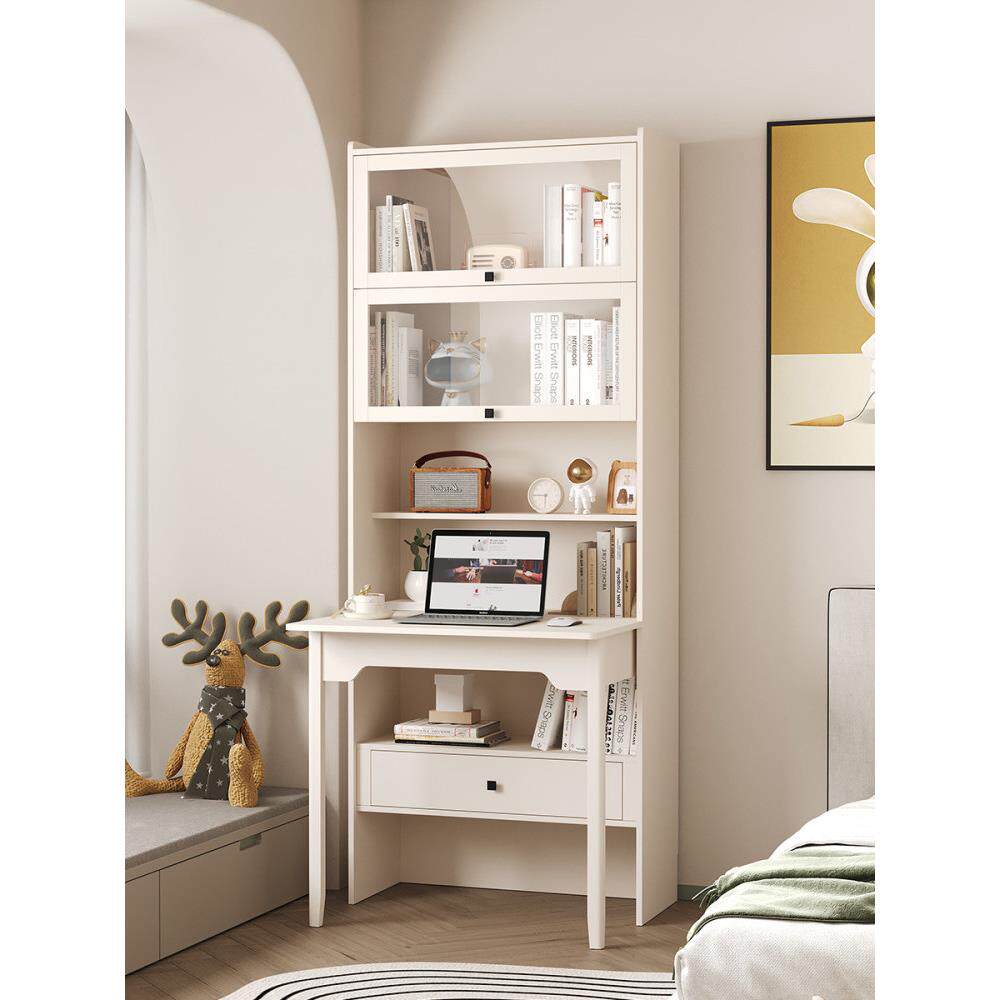 实木折叠书桌书架一体卧室连体书桌柜白色家用学生电脑桌书柜组合