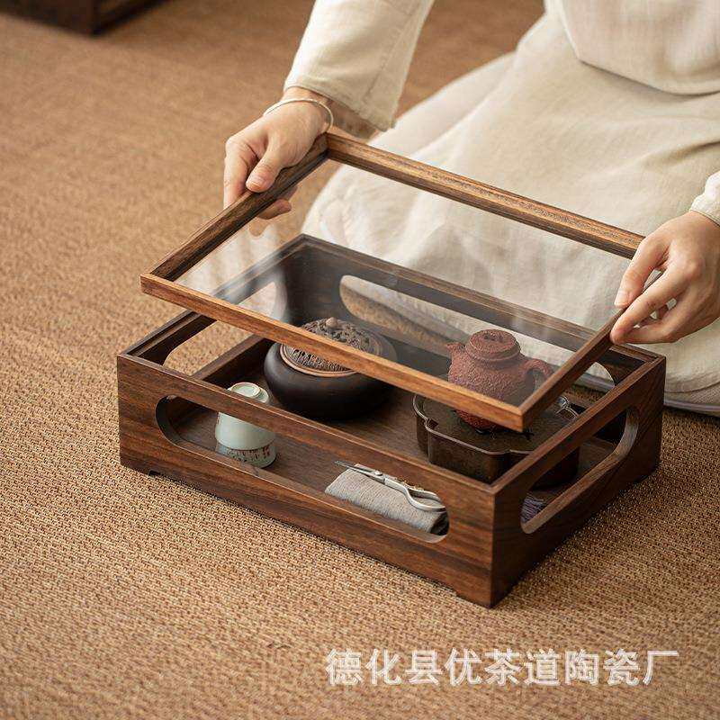 胡桃木开窗茶具收纳柜创意透明玻璃柜家用木制茶柜展示盒中式