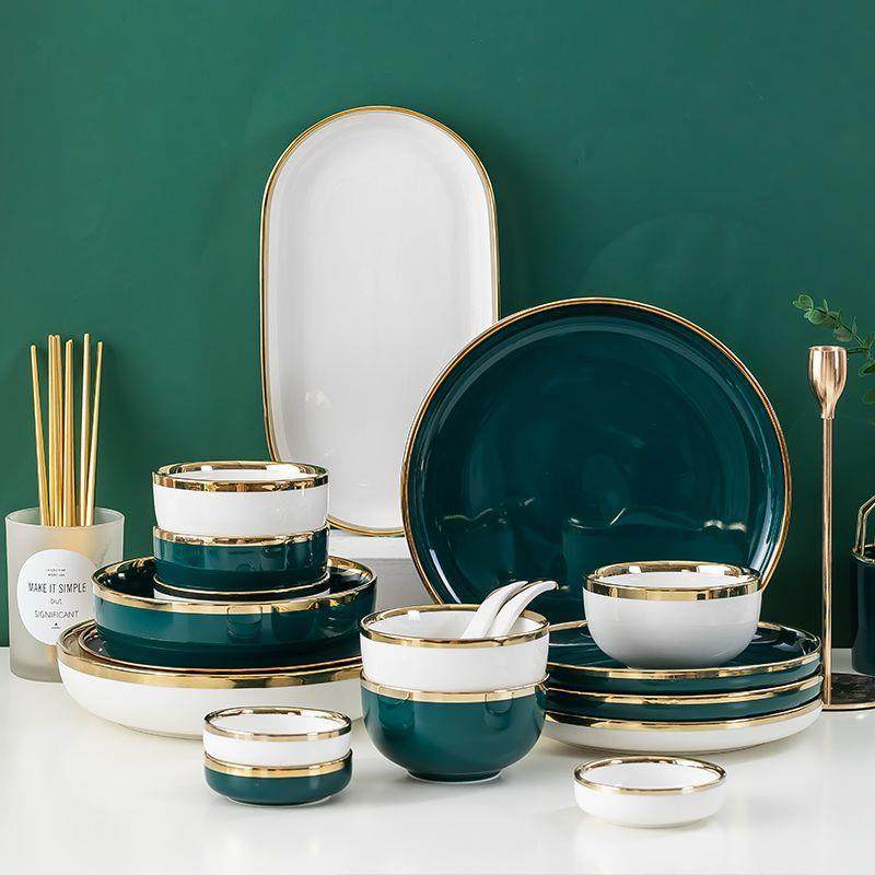 2024新款碗碟套装家用轻奢金边陶瓷祖母绿餐具感盘子乔迁送礼,纺织面料/辅料/配套,纺织机械配件,淘宝优惠券,粉丝福利购,淘宝优惠卷