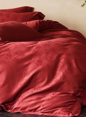 A类中式婚庆全棉磨毛四件套玫瑰提花加厚秋冬结婚被套床品大红色