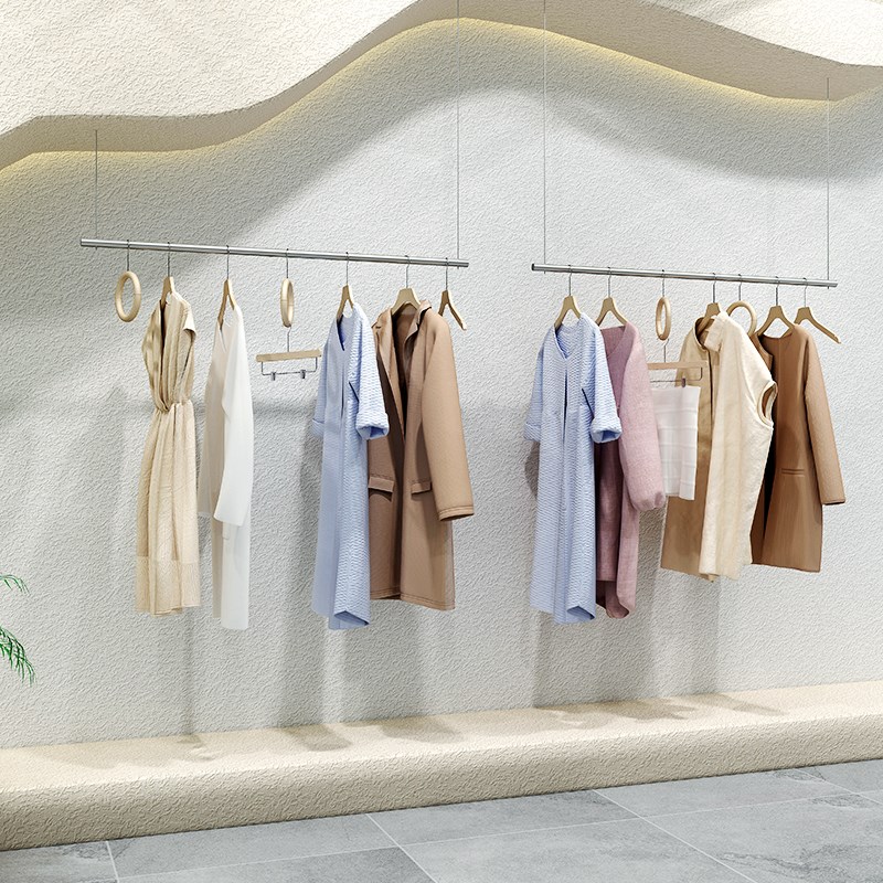 不锈钢女装店货架上墙吊架服装店展示架吊顶挂衣服架子陈列架上墙