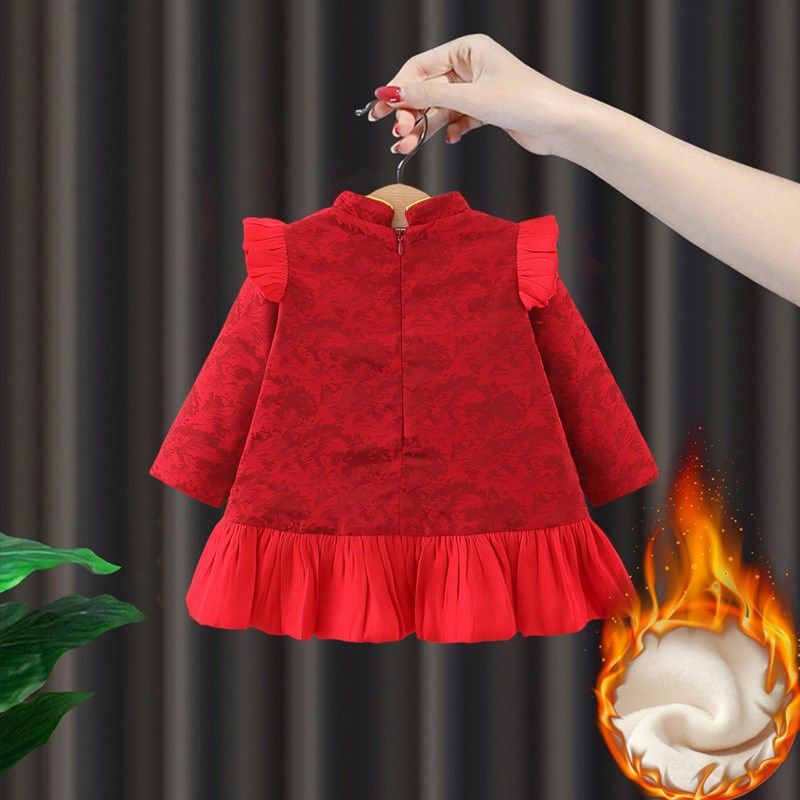 女童旗袍裙子2025新款秋冬红色儿童中式礼服小女孩国风连衣裙冬季