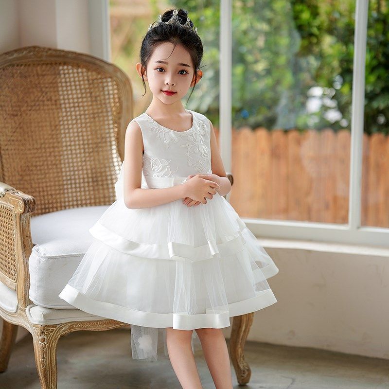 夏季拖尾儿童白色蓬蓬纱裙公主背心裙女童连衣裙花童礼服表演出服