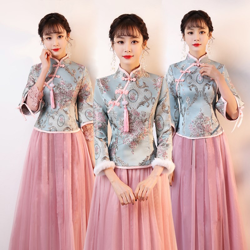 加绒伴娘服2024冬季新款中国风伴娘团姐妹裙加厚高级旗袍中式礼服