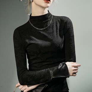 半高领新中式打底衫女2024年秋季新款长袖t恤喇叭袖提花蕾丝上衣