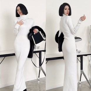 浅布调高个子秋冬高领超长拖地毛衣裙长袖修身打底针织白色连衣裙