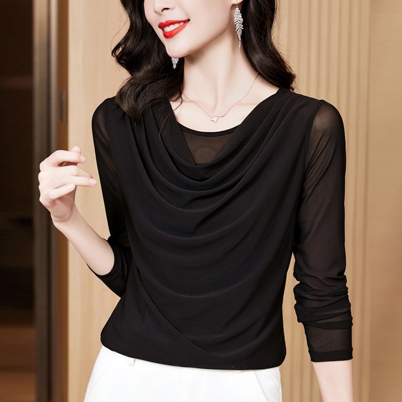 短袖t恤女夏堆堆荡领网纱打底衫洋气时髦小衫宽松显瘦遮肚子上衣