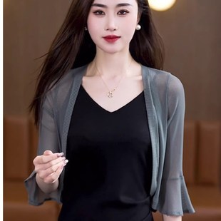 夏天披肩配吊带裙的小外搭防晒罩衫女夏季开衫轻薄网纱上衣外套