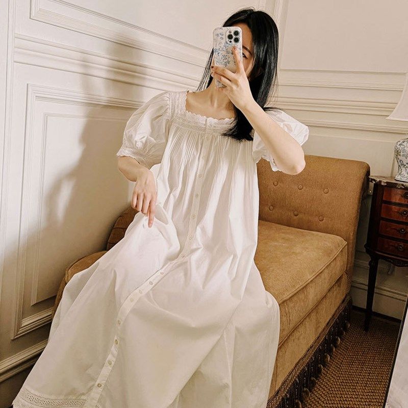 复古宫廷白色睡衣女夏2022新款睡裙公主风法式蕾丝宽松长款家居服
