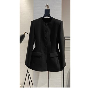 黑色圆领收腰西服外套2024秋季百搭简约大气高级感裙摆西装外套女