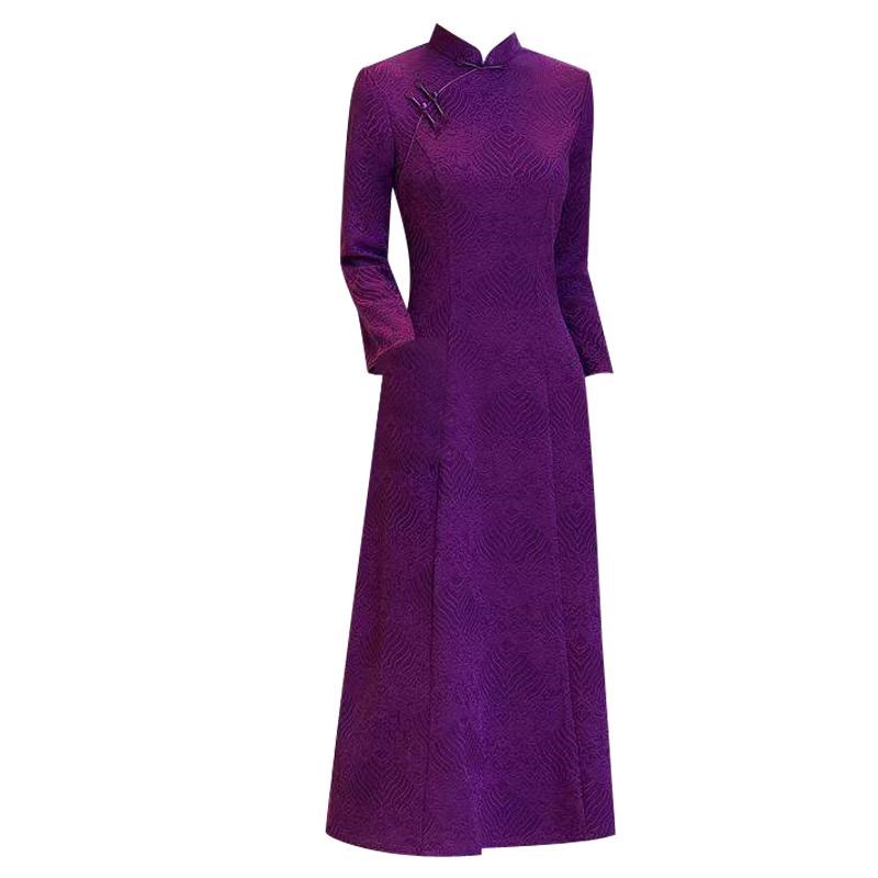 紫色旗袍改良连衣裙气质高贵妈妈秋季女装妈妈日常可穿150斤大码