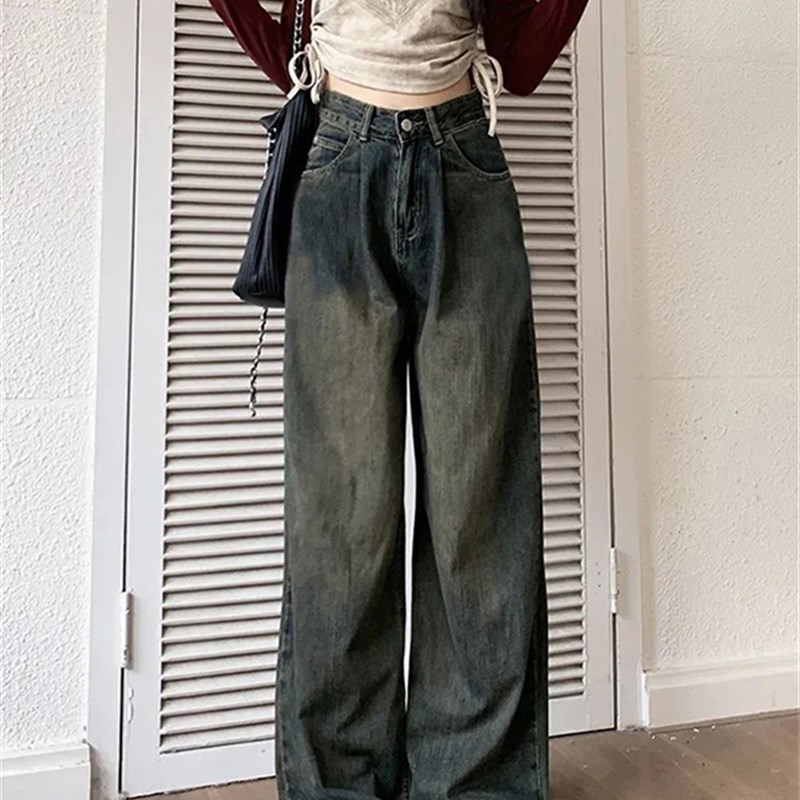 复古阔腿牛仔裤女春装女2024年早春新款美式高腰宽松直筒裤子春夏