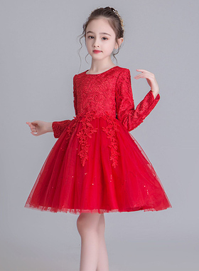 女童礼服裙子儿童连衣裙长袖春秋季中大童红色公主裙生日表演出服