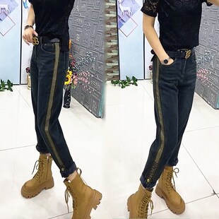 秋冬加绒加厚牛仔裤子女士高腰宽松显瘦高老爹裤休闲直筒九分靴裤