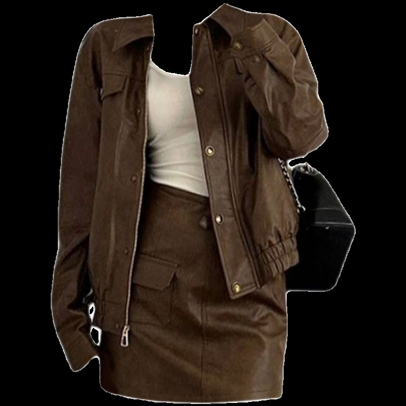 大码胖MM港味复古PU皮衣外套夹克女春季高腰显瘦A字半身裙两件套