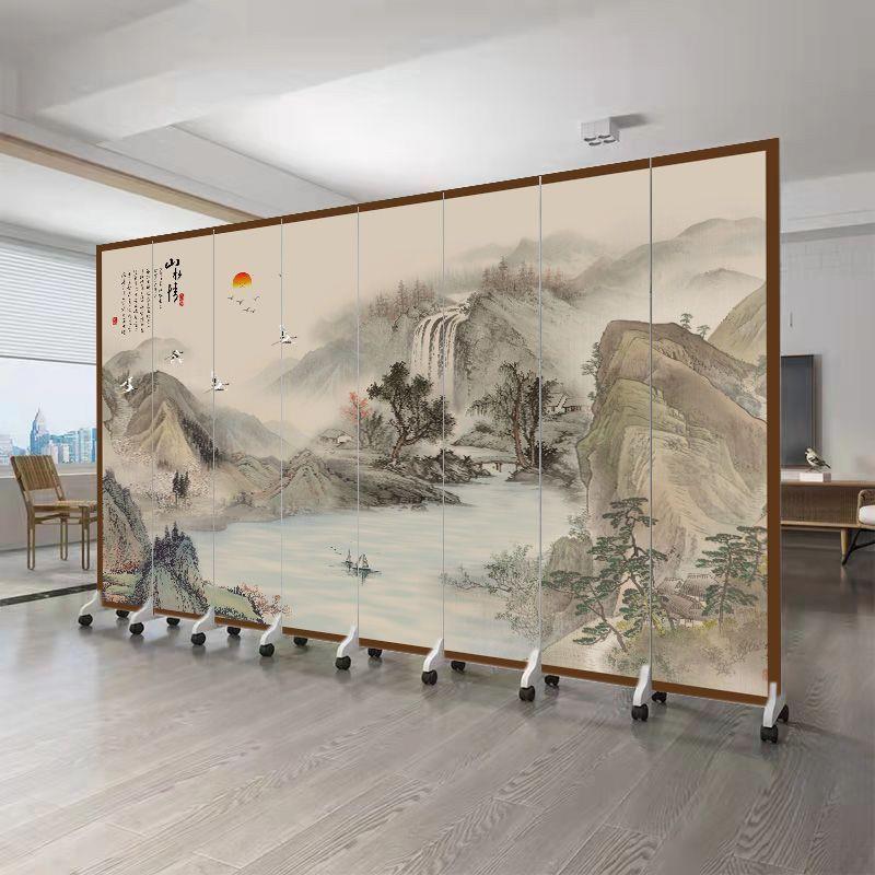 中式屏风隔断客厅遮挡卧室玄关可移动折叠墙办公室山水画仿古室内