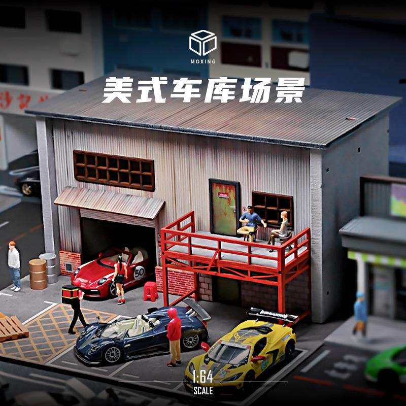 1:64仿真停车场车库模型场景木质带灯微缩建筑微观摄影道具摆件