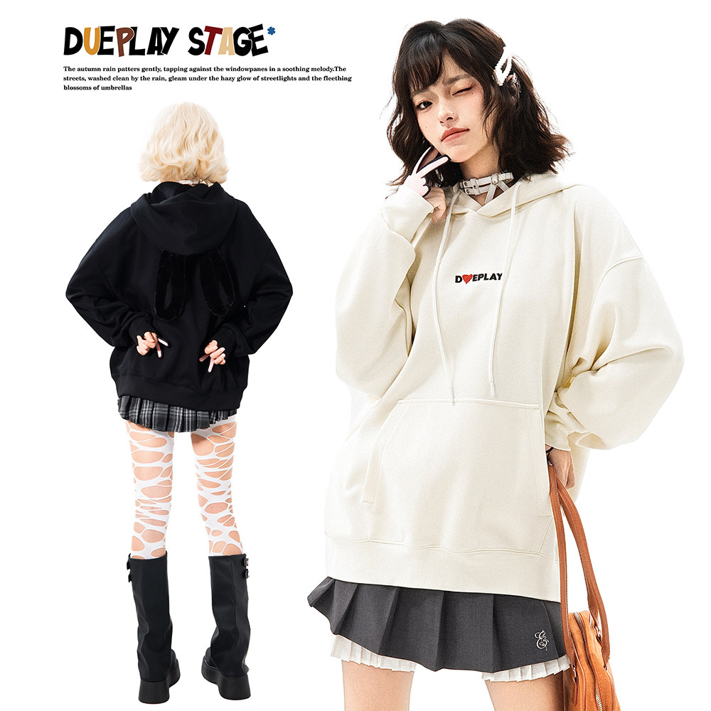 【明星郑恺品牌】DUEPLAY 字母刺绣连帽卫衣兔子耳朵休闲百搭女款,女装/女士精品,卫衣/绒衫,淘宝优惠券,粉丝福利购,淘宝优惠卷