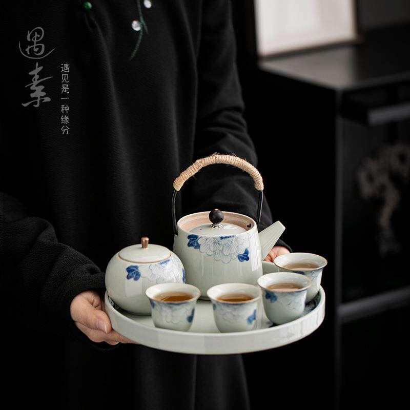 复古手绘牡丹茶具套装家用陶瓷一壶四杯茶盘整套现代简约泡茶器