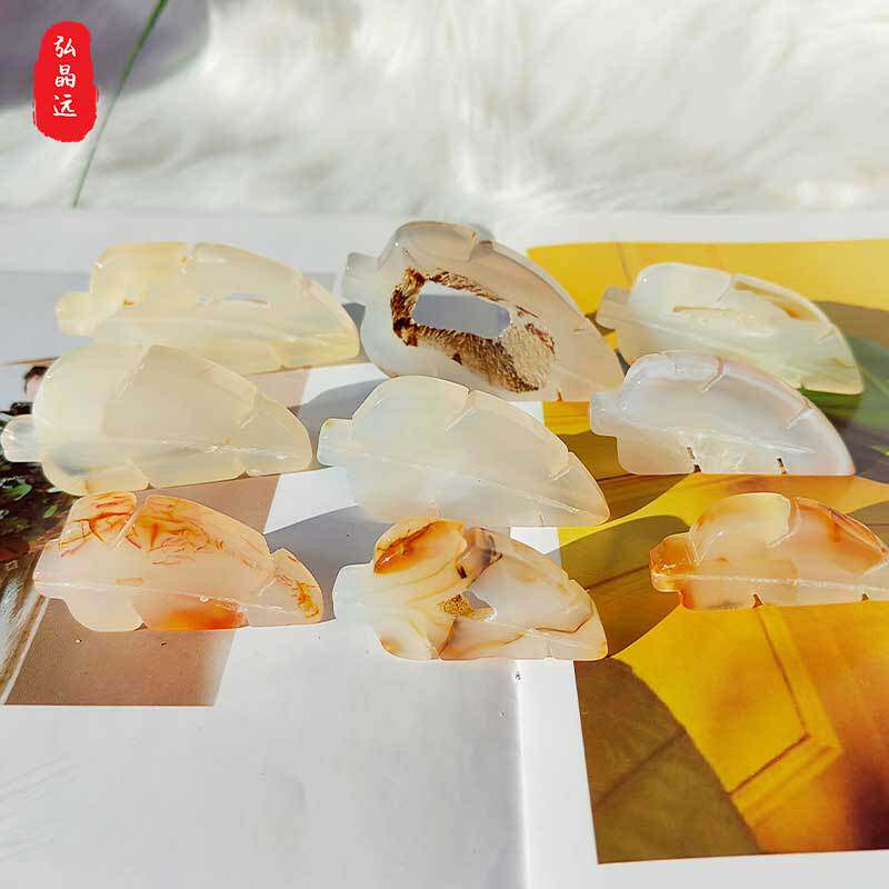 弘晶远水晶天然草花玛瑙树叶把玩玛瑙水晶树叶雕刻家居装饰摆件