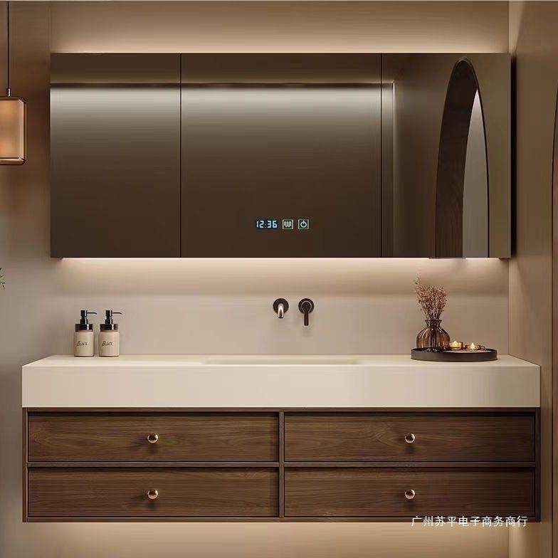 中古风岩板热弯无缝一体盆锭制浴室柜组合卫生间洗漱台洗手洗脸池