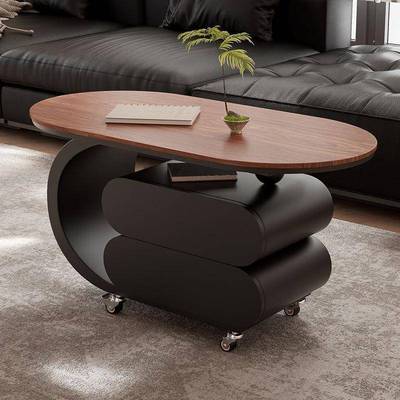 实木风现代简约岩板茶几小户型轻奢茶几客厅边柜可移动储物椭圆形