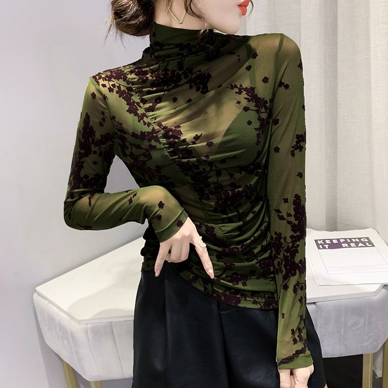 复古长袖T恤女装气质植绒网纱上衣紧身内搭高领加绒打底衫女秋冬