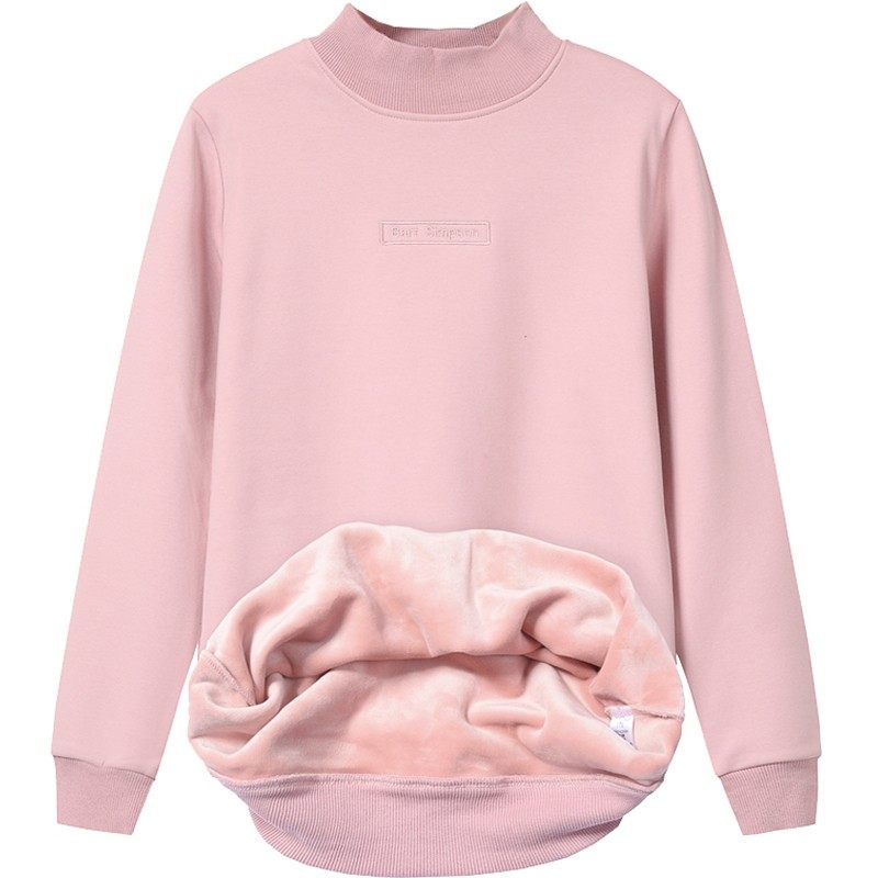 2021年秋冬新款半高领加绒卫衣女套头无帽宽松长袖厚上衣内搭绒衫