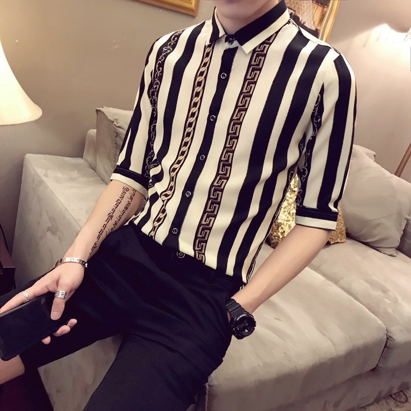 青年小码S修身短袖衬衫XS号中袖衬衣男发型师条纹五分袖衬衫夏160